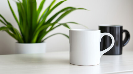 Minimalist design featuring white and black mugs with plant