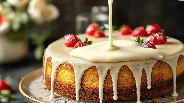 Deliciously decorated vanilla cake topped with fresh strawberries and creamy icing, set on a rustic table
