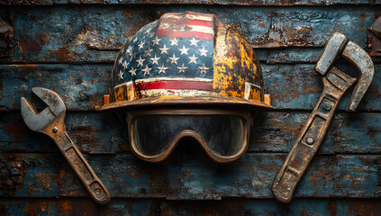 American Flag Hard Hat, Safety Glasses, Wrenches on Rusty Metal Background