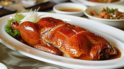 A mouth - watering Peking duck is prominently displayed. The duck has a shiny, crispy, and dark - brown skin, which is the result of meticulous roasting. It is presented on a large plate, and the chef