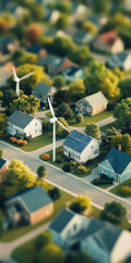 Sustainable suburban neighborhood with solar panels and wind turbines aerial view eco friendly homes