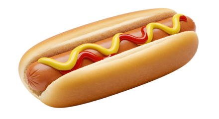 Enjoying Delicious Hotdog Topped with Mustard and Ketchup Isolated on White