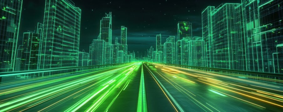 Futuristic Cityscape: Neon Lights and Speed on the Highway