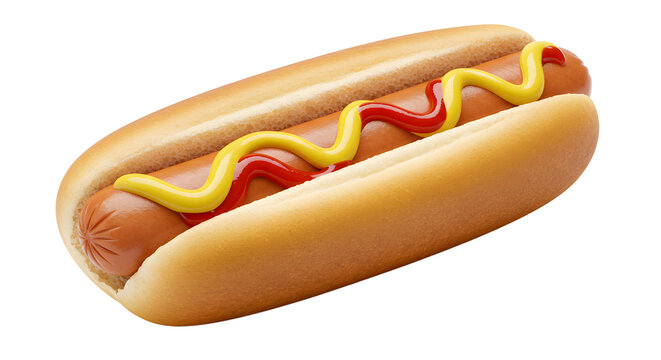 Enjoying Delicious Hotdog Topped with Mustard and Ketchup Isolated on White