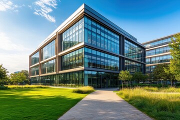 Obraz premium Modern glass office building with lush landscaping on a sunny day.