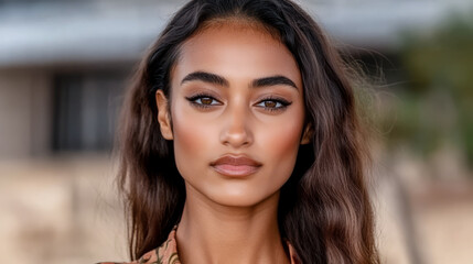 Naklejka premium Elegant model showcases natural beauty at beachside location during golden hour