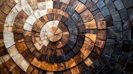 Fototapeta premium A sophisticated mosaic pattern of wooden tiles arranged in concentric circles, with polished finishes and a mix of dark and light stains, creating an elegant and textured wall decor piece. --ar 16:9