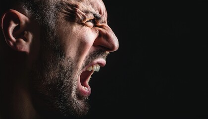 Fototapeta premium Close-up portrait of an angry man screaming with intense facial expression. Dramatic lighting highlights his rage and emotions against a dark background, emphasizing tension, aggression, and frustrati