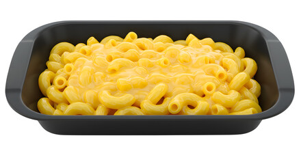 Macaroni and cheese in black baking dish fresh from the oven