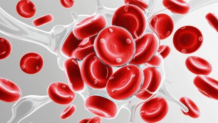 3D concept cell anatomy biological. Red blood cells in motion within a fluid medium.