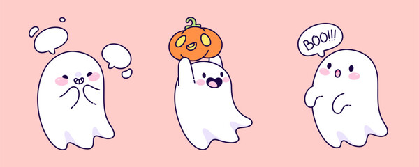 Kawaii ghost characters with cute faces - blushing cheeks with empty speech bubbles, holding pumpkin lantern, scaring with Boo cloud. Cartoon funny Halloween illustration of playful spooky spirits.
