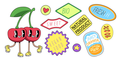 Retro fruit sticker set with quirky characters and shapes - cherries with faces, vegan food labels. Bright funky 70s style badges, tags. Playful flat vector of natural, bio, fresh, sweet products.