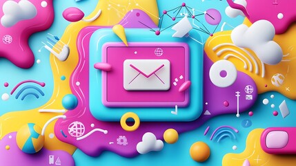 Colorful Abstract 3D Rendering of Email Icon with Digital Network Elements