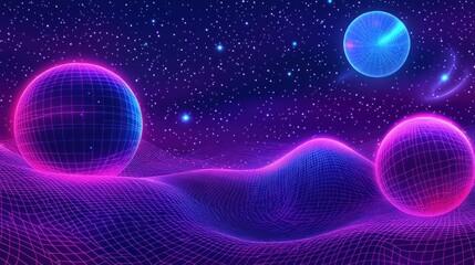 Futuristic landscape with glowing spheres