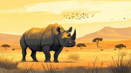Fototapeta premium African Rhino in Golden Hour Savanna Sunset