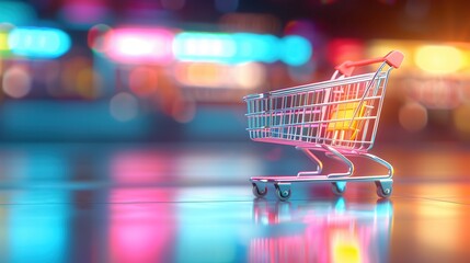 shopping cart stands empty on reflective surface, surrounded by vibrant, colorful bokeh lights, creating lively and dynamic atmosphere