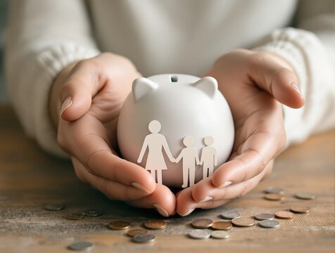 Hands gently holding a white piggy bank with paper cutout family figures, surrounded by scattered coins on a wooden surface. Concept of financial security. Ai generative