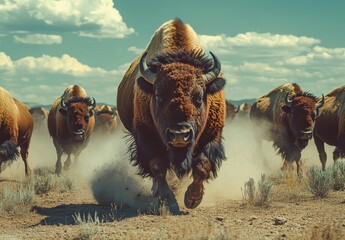 Herd of Brown Bison Running Across Dusty Plains
