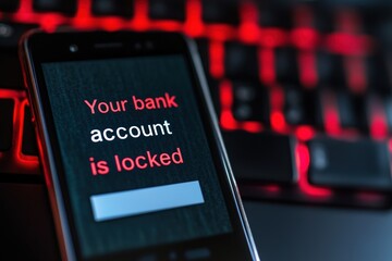 A smartphone screen displaying a phishing message with "Your bank account is locked" highlighting online banking scams