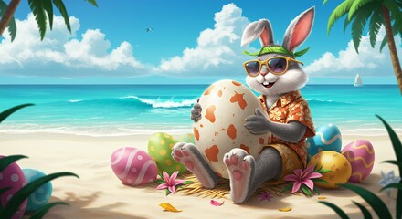 Fototapeta premium Cartoon Bunny on Beach Embracing Decorated Easter Egg Holiday Scene