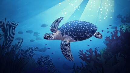 Obraz premium Pixel Art Sea Turtle in a Deep Blue Ocean Coral Reef