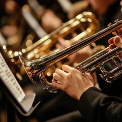 Fototapeta premium Closeup of Musicians' Hands Skillfully Playing Trombones in an Orchestra, Capturing the Brass Instrument's Elegance and Human Connection in Music