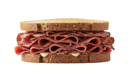 Delicious Pastrami Sandwich on Grain Bread with Mustard on White Surface