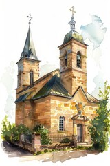 Historic stone church architecture with steeples and clock tower design for cards or posters. For wedding, first communion, baptism invitation, greating card. Watercolor illustration
