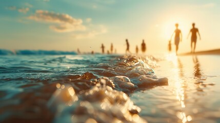 Fototapeta premium serene beach scene at sunset with gentle waves lapping shore and silhouettes of people enjoying water. warm glow of sun creates peaceful and relaxing atmosphere