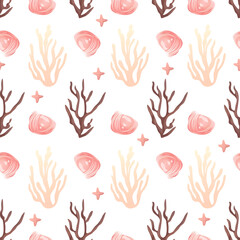 Fototapeta premium Nautical seashell and starfish design for summer vibes Ocean-inspired seamless pattern with shells and coastal elements