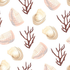 Coastal summer pattern with seashells and starfish. Seamless shell and sea-inspired design in soft tones