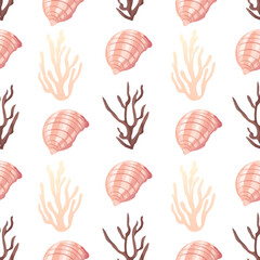 Coastal summer pattern with seashells and starfish. Seamless shell and sea-inspired design in soft tones