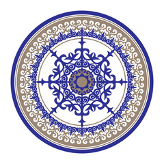 Decorative golden blue round ornament frame in oriental style with large pattern in the center, persian motif. Round pattern of the ancient nomad. For plate, embroidery, porcelain, sandblast, ceramic