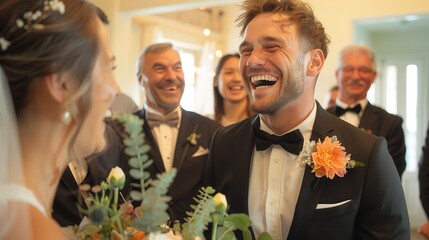 joyful groom in black tuxedo with floral boutonniere laughs with his bride during wedding ceremony, surrounded by smiling guests in formal attire
