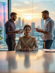 Woman in beige dress sits calmly at office table, meditating, while two men argue in background near window with cityscape at sunset. Concept of workplace stress. Ai generative