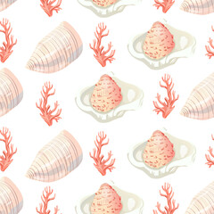 Coastal summer pattern with seashells and starfish. Seamless shell and sea-inspired design in soft tones