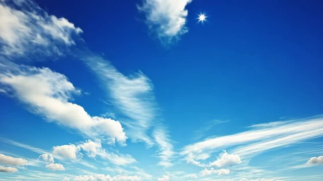 Bright blue sky with wispy clouds and a star shining during the day over a serene horizon