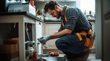 A plumber kneeling in a kitchen under a sink, tools spread out, as they repair a pipe, showcasing the problem-solving and technical skills required in hands-on trades