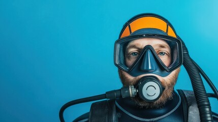 A diver wearing a mask and oxygen tank against a vibrant blue background, ready for underwater exploration.