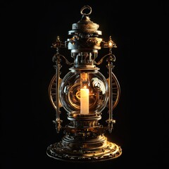Futuristic Alchemist's Lantern: An Isolated Antique Metal Lamp Casting Light with a Candle and Clock Art