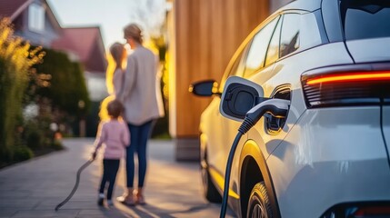 Electric car charging at home with mother and child in background, symbolizing clean energy and sustainable living