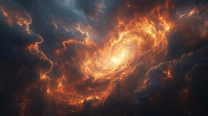 Fototapeta premium A mesmerizing vortex of cosmic sparks swirling through an interstellar cloud, radiant nebula colors mixing with glowing embers, high-definition space composition, cinematic framing. --ar 16:9
