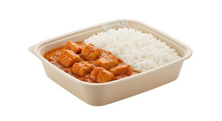 Hot chicken curry with white rice served in take out container