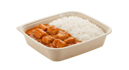 Hot chicken curry with white rice served in take out container