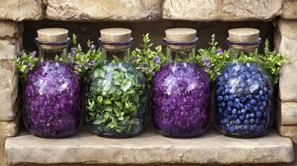 Four Glass Jars with Purple, Green, and Blue Contents on Stone Shelf