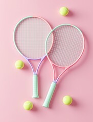 Two pastel-colored tennis rackets with green, pink, and purple accents alongside bright yellow-green tennis balls on a soft pink background. Creative concept. Ai generative