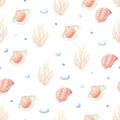 Seamless shell and sea-inspired design in soft tones
Summer-themed coastal pattern with seashells