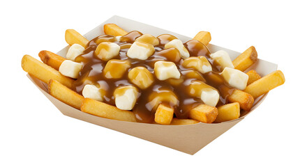 Poutine with French Fries Cheese Curds and Gravy in a Tray