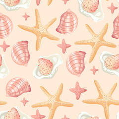 Seamless shell and sea-inspired design in soft tones
Summer-themed coastal pattern with seashells