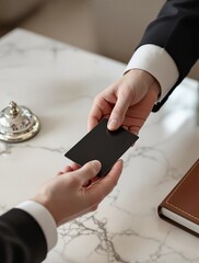 Close-up of hands exchanging a key card on a marble desk with a bell and notebook, in a hotel check-in setting. Hospitality and service concept. Ai generative